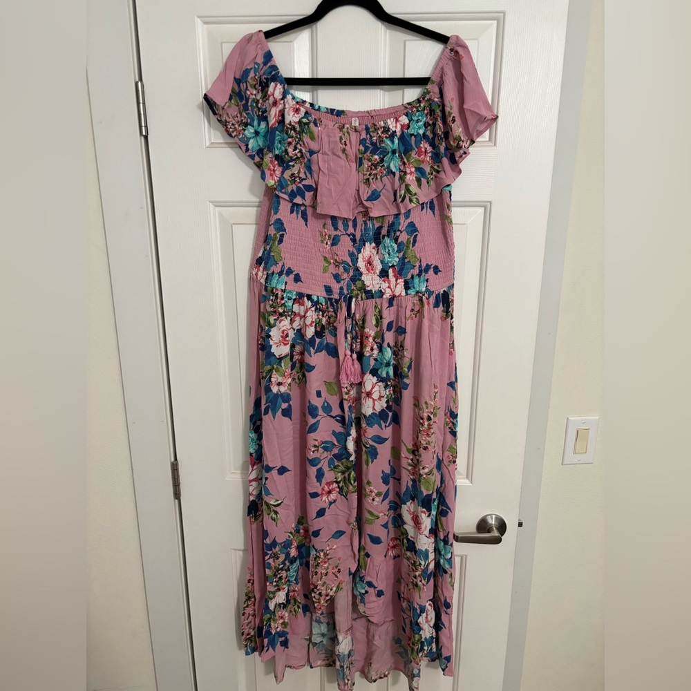 Xhileration pink floral smocked tie waist dress